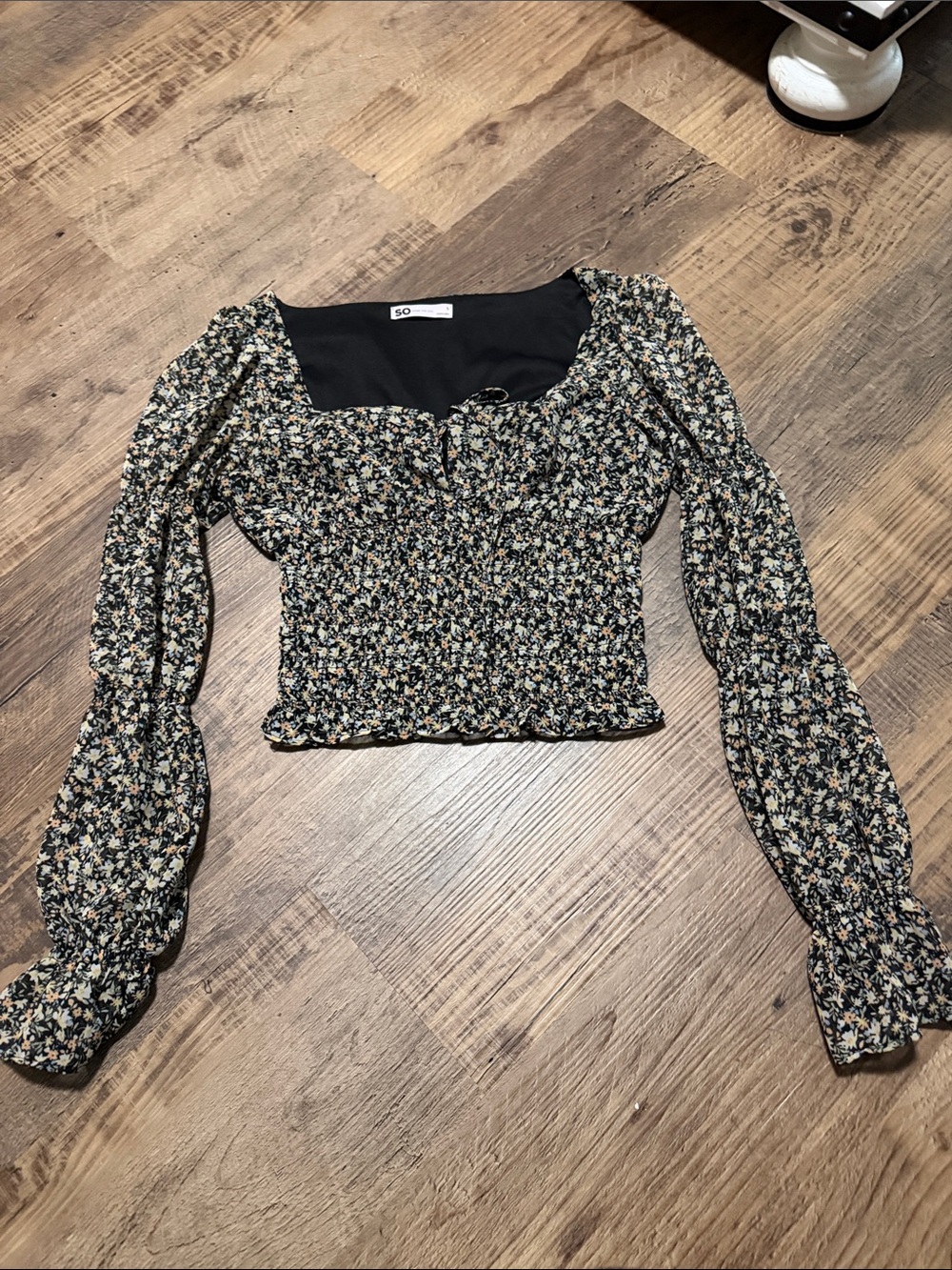 SO Black Floral Smocked Square-Neck Long Sleeve Blouse